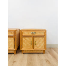 Load image into Gallery viewer, Coastal Bamboo Parquet Nightstand Pair Glass Top Hollywood Regency MCM