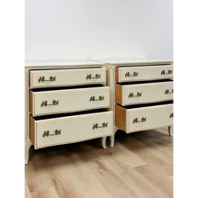 Load image into Gallery viewer, Vintage Pair of Chests French Provincial White 3 Drawer Cabriole Leg Nightstands