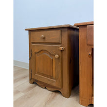 Load image into Gallery viewer, Pair of Rustic Pine Nightstands Drawer Arched Cabinet Door Scalloped European