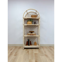 Load image into Gallery viewer, Vintage Arched Blonde Rattan Lattice Etagere Coastal Boho Hollywood Regency
