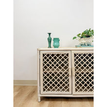 Load image into Gallery viewer, Vintage Cream Rattan Lattice Cabinet Coastal Tropical Hollywood Regency