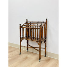 Load image into Gallery viewer, Vintage Magazine Rack English Canterbury Dark Faux Bamboo Wheels Rare Find