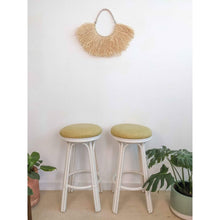 Load image into Gallery viewer, Pair of Vintage Creme Rattan Barstools Retro Upholstered Green Top Swivel Seats