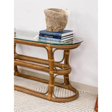 Load image into Gallery viewer, Vintage Coastal Curved Twisted Pencil Reed Console Table W/ Thick Glass Oval Top