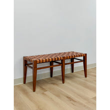 Load image into Gallery viewer, Vintage Bench Woven Leather Wood Two Seater Rustic MCM Entryway Accent Seat