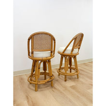 Load image into Gallery viewer, Vintage Coastal Hollywood Regency Caned Rattan Swivel Barstools Counter Height
