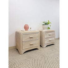 Load image into Gallery viewer, Pair of Vintage Pencil Reed Rattan Nightstand Coastal Hollywood Regency Tables
