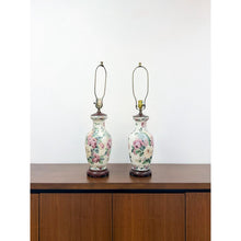 Load image into Gallery viewer, Floral Chinoiserie Lamps Pair Vintage Off White Pink Accent Asian Table Lamp