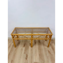 Load image into Gallery viewer, Vintage Coastal Wicker Rattan Console Table Woven Lattice Glass Top Beige Boho