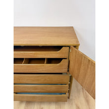 Load image into Gallery viewer, Mid Century Tallboy Dresser MCM Five Drawer Brass Accent Warm Gray Tone Wood