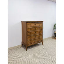 Load image into Gallery viewer, Dixie MCM Tallboy Dresser Woven Drawer Fronts Brass Pulls Vintage Furniture