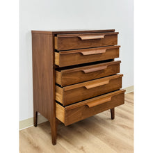 Load image into Gallery viewer, Vintage MCM Walnut Five Drawer Dresser Tallboy Sculpted Pulls, Dovetail Joinery