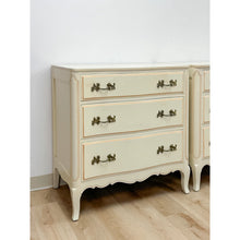 Load image into Gallery viewer, Vintage Pair of Chests French Provincial White 3 Drawer Cabriole Leg Nightstands
