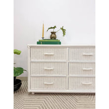 Load image into Gallery viewer, Vintage White Wicker 9 Drawer Dresser with Glass Top Coastal Bedroom Storage