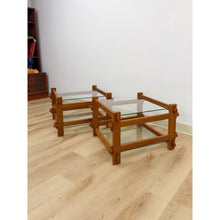 Load image into Gallery viewer, Pair of Vintage Teak Mortise and Tenon Side Tables, Glass Top and Base