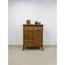 Load image into Gallery viewer, Dixie MCM Tallboy Dresser Woven Drawer Fronts Brass Pulls Vintage Furniture