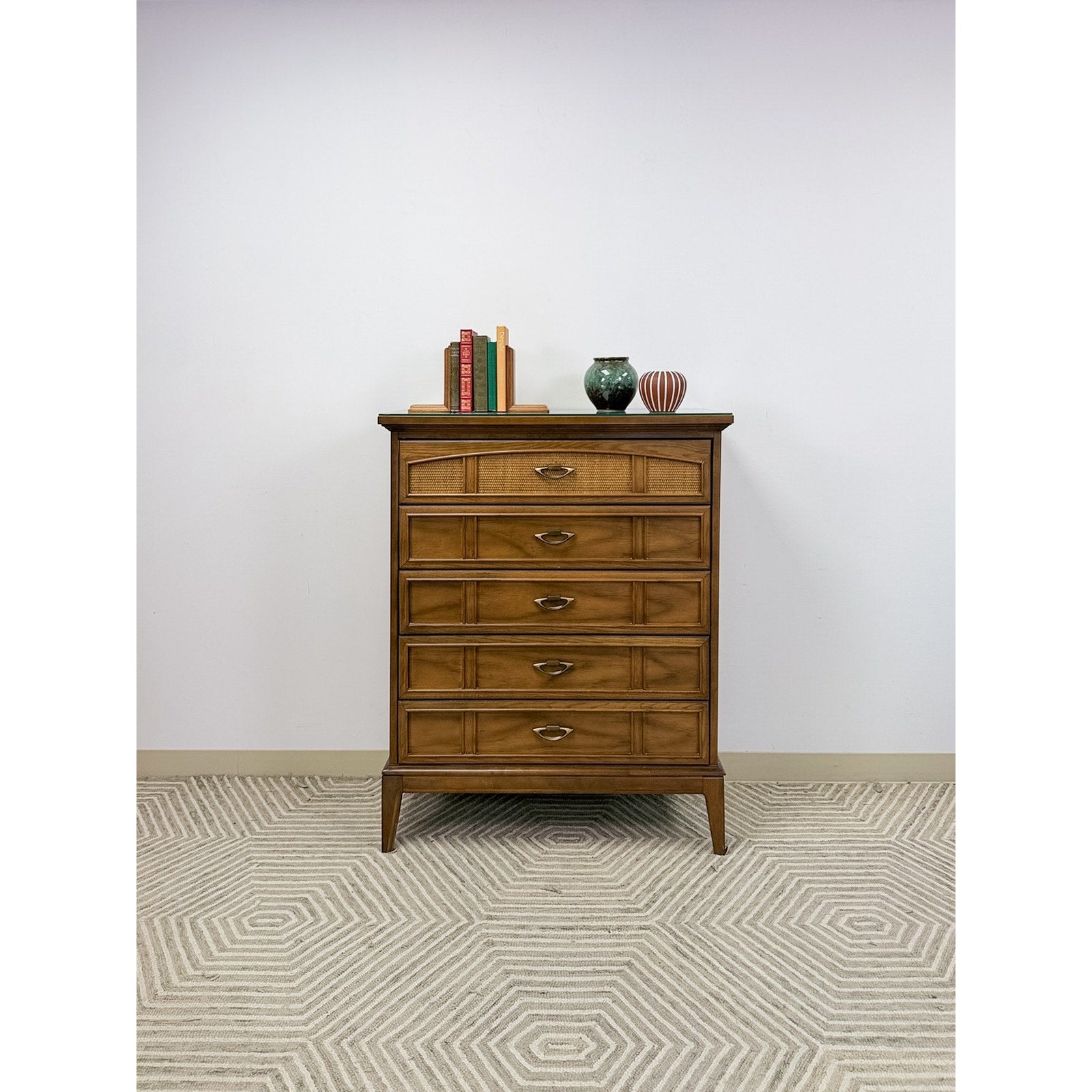 Dixie MCM Tallboy Dresser Woven Drawer Fronts Brass Pulls Vintage Furniture