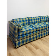 Load image into Gallery viewer, Vintage MCM Retro Plaid Sofa in Electric Blue and Green with Nailhead Trim