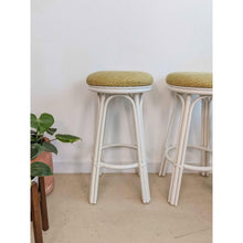 Load image into Gallery viewer, Pair of Vintage Creme Rattan Barstools Retro Upholstered Green Top Swivel Seats