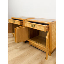Load image into Gallery viewer, Coastal Bamboo Parquet Nightstand Pair Glass Top Hollywood Regency MCM