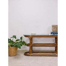 Load image into Gallery viewer, Vintage Coastal Curved Twisted Pencil Reed Console Table W/ Thick Glass Oval Top