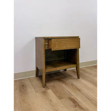 Load image into Gallery viewer, Mid Century Nightstand Single Drawer Open Cubby Gray Wood Tone Tapered Leg