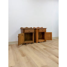 Load image into Gallery viewer, Pair of Rustic Pine Nightstands Drawer Arched Cabinet Door Scalloped European
