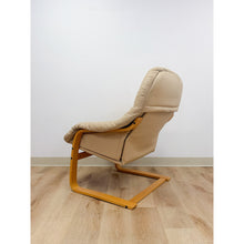 Load image into Gallery viewer, Danish Made Tan Leather Cantilever Armchair Vintage MCM Natural Wood Accent
