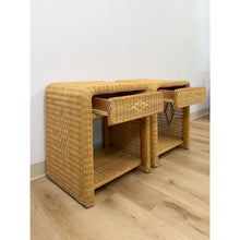 Load image into Gallery viewer, Pair of Vintage Wicker Arched Nightstands Coastal Regency Bedside Tables
