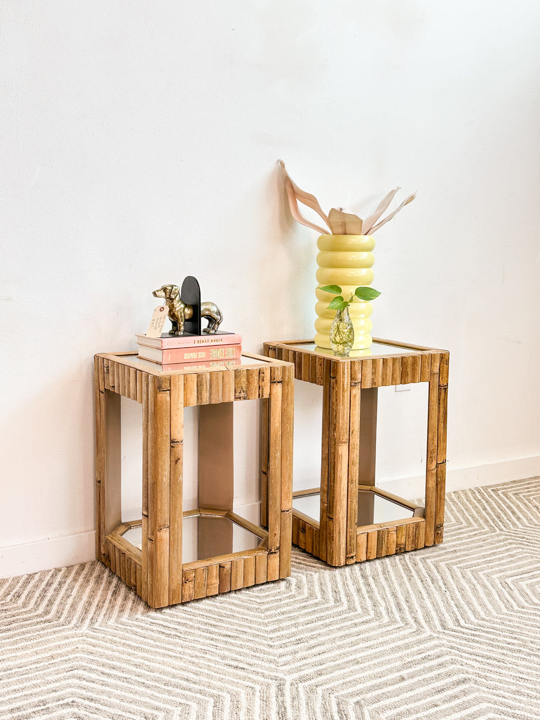 Pair of Bamboo Mirrored End Tables