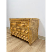 Load image into Gallery viewer, Vintage Chest Coastal Wicker Rattan Three Drawer Boho Hollywood Regency Dresser
