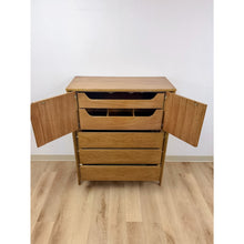 Load image into Gallery viewer, Mid Century Tallboy Dresser MCM Five Drawer Brass Accent Warm Gray Tone Wood
