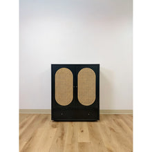 Load image into Gallery viewer, Bobby Berk Modern Black Tallboy Cabinet, Beige Oval Cane Inlay MCM Style
