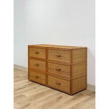 Load image into Gallery viewer, Vintage Coastal Bamboo Six Drawer Dresser Wicker Inlay Storage Regency Chest
