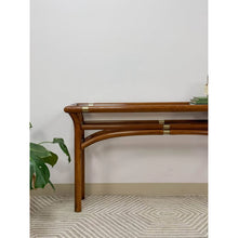 Load image into Gallery viewer, Dark Bentwood Brass Console Table Glass Top Vintage MCM Sofa Table
