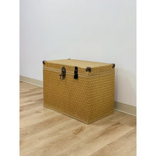 Load image into Gallery viewer, Vintage Blonde Woven Wicker Chest, Brass Clamp Hardware Storage, Coastal Trunk

