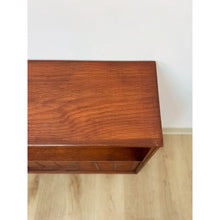 Load image into Gallery viewer, Vintage Handmade MCM Style End Table, Red Stained Wood Sliding Doors, Book Case
