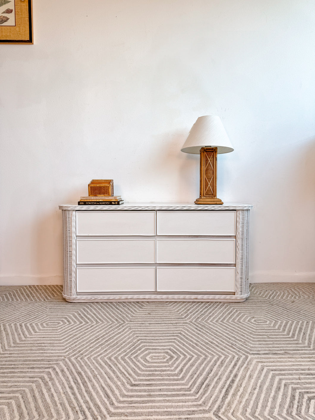 White Curved Wicker Dresser