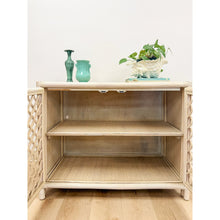 Load image into Gallery viewer, Vintage Cream Rattan Lattice Cabinet Coastal Tropical Hollywood Regency

