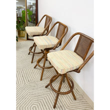 Load image into Gallery viewer, 3 Vintage Coastal Bamboo Barstools Dark Rattan w/ Beige Cushions and Caned Back
