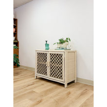 Load image into Gallery viewer, Vintage Cream Rattan Lattice Cabinet Coastal Tropical Hollywood Regency
