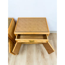 Load image into Gallery viewer, Coastal Bamboo Parquet Nightstand Pair Glass Top Hollywood Regency MCM
