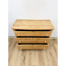 Load image into Gallery viewer, Primitive Scrubbed Pine Three Drawer Dresser Dovetail Porcelain Knobs Vintage
