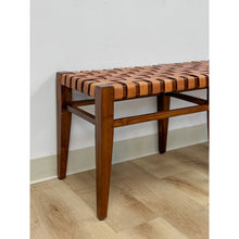 Load image into Gallery viewer, Vintage Bench Woven Leather Wood Two Seater Rustic MCM Entryway Accent Seat
