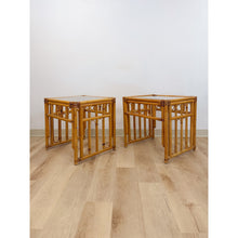 Load image into Gallery viewer, Vintage Rattan End Table Pair Arched Inlay Glass Top Coastal Boho MCM
