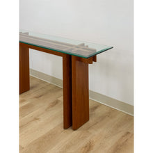 Load image into Gallery viewer, Vintage MCM Danish Teak Puzzle Console Table Glass Top Mid Century Entry Table
