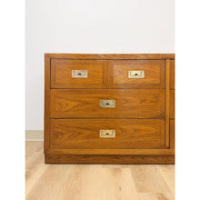 Load image into Gallery viewer, Vintage MCM Dixie Act 2 Campaign Style Dresser Brass Pulls Warm Wood Tone Lowboy
