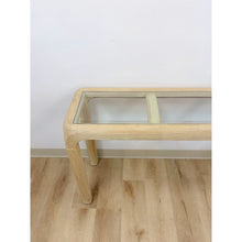 Load image into Gallery viewer, Vintage Console Table Lightwash Pencil Reed Glass Top Coastal Boho MCM Regency
