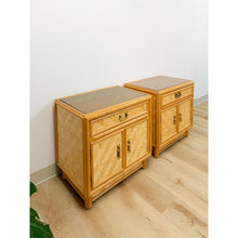 Load image into Gallery viewer, Coastal Bamboo Parquet Nightstand Pair Glass Top Hollywood Regency MCM
