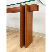 Load image into Gallery viewer, Vintage MCM Danish Teak Puzzle Console Table Glass Top Mid Century Entry Table
